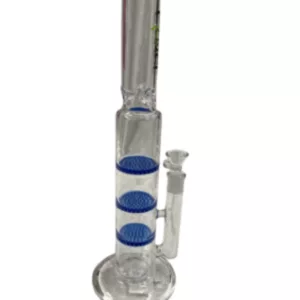 Clear glass waterpipe with blue accents, small and large holes on base, and a clear stem and bowl.