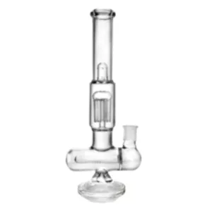 A clear glass water pipe with a percolator and plastic stand for home or office use.