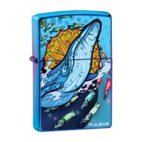 Zippo Pulsar Whale lighter showcases a whale swimming with colorful fish in the ocean.