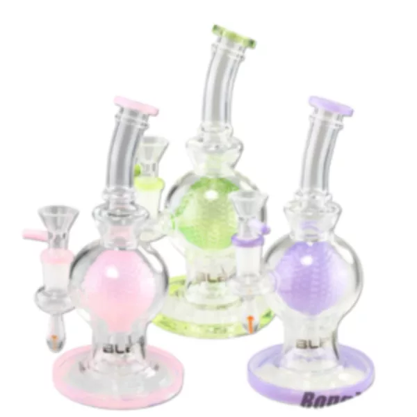 Unique, colorful glass percolator with a spherical bead and smoke bubbles. High quality and visually appealing design.