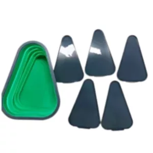 Set of six green plastic triangles arranged in a triangle shape, forming a container. Largest triangle on bottom, smallest on top. Stackable, white background.