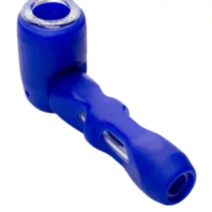 Small silicone hand pipe with blue body, clear mouthpiece, and textured silicone. Metal joint and plastic plug. WWSCH57.