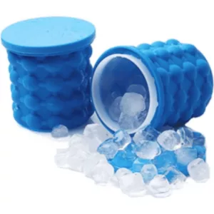 Two blue plastic containers filled with ice cubes, rectangular in shape with a depth of 5 inches and width of 4 inches, sitting on a white surface. Even and flat lighting.