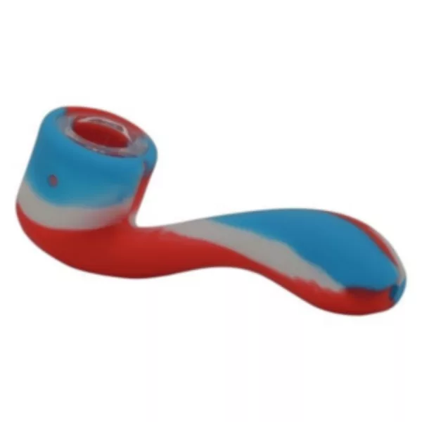 Colorful curved metal pipe with red, white, and blue design. Features removable bowl and mouthpiece. #SiliconeSherlock #WWSCH53