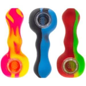 Silicone hand pipe with round base, flattened stem, red, green, and blue colors, and swirl pattern on sides.