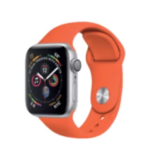 Protective silicone band for Apple Watch with secure clasp and large white time display.