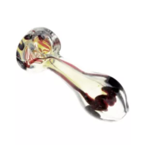 A glass pipe with a red and black design, small bowl and long stem with a knob, lit from the bottom.