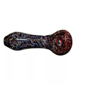 Red, white, and blue glass bong with swirl pattern and two bowls connected by a tube.
