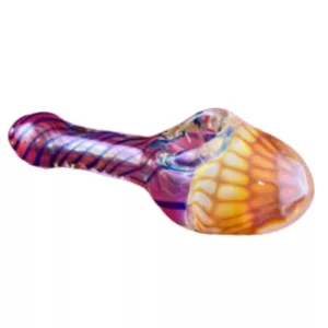 Colorful glass pipe with a long, curved shape and intricate spiral patterns in red, blue, and yellow. MLWSC1010 Alien Egg.