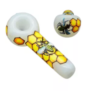 Elegant clear glass pipe with yellow and black bee design etched into its surface. Simple and stylish design.