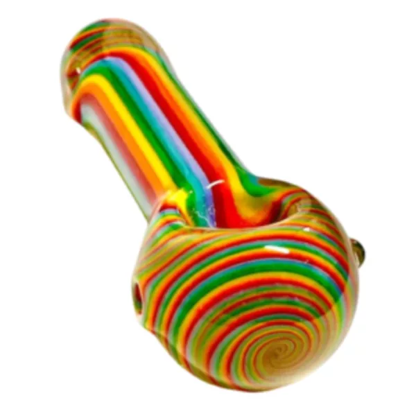 A clear glass curved pipe with a vibrant rainbow-colored design and small bowl for smoking substances. It is Long Grateful Swirl - MLWSC1025.