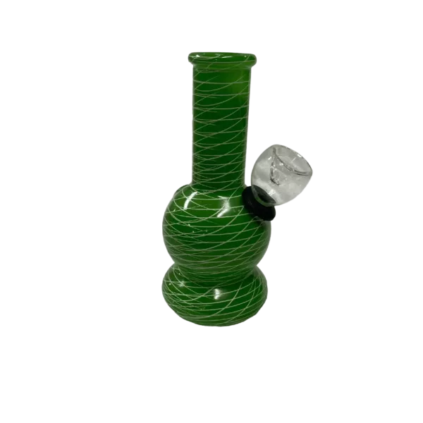 Glass bong with green and white swirl design, small base and long neck, circular mouthpiece, and white background.