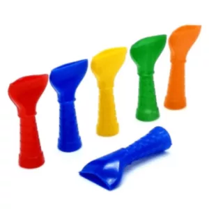 Six curved, plastic hookah hoses in blue, red, yellow, green, and purple, with wide plastic mouths for easy use.