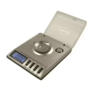 A compact electronic scale with a digital display for weighing small objects.
