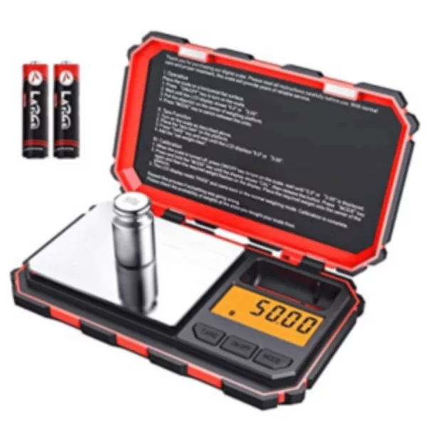 Portable electronic scale with black and red casing, designed for outdoor or travel use.