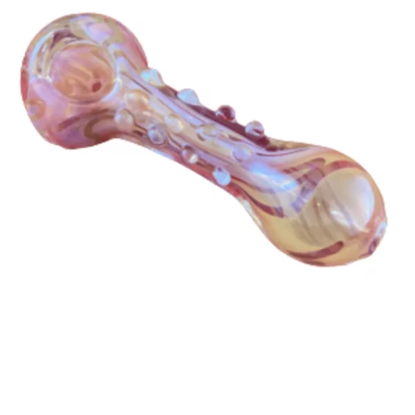 Handcrafted smoking pipe with pink and purple swirls on clear glass base. #MLWSC2020