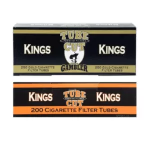 Two plastic tubes of cigarettes, one labeled Kings in red and black, the other labeled Gamble in blue and white, of good quality and well packaged.