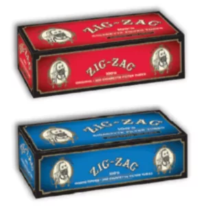 Two boxes of Zig Zag Tubes are shown, one red and one navy blue, both with white Zig Zag Tubes text and a Zig Zag symbol on the back.