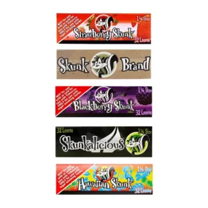 Skunk Papers offers three types of rolling papers: standard, small, and large, all featuring a black and white skunk logo.