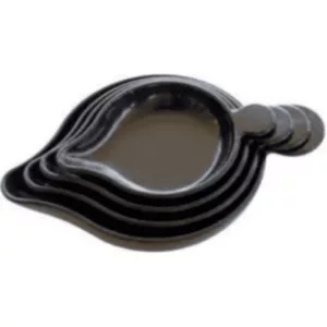 Dark, glossy bowl with small hole and long spoon for scooping tobacco.
