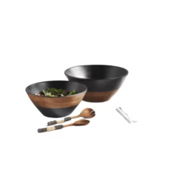 Minimalist, modern two-tone black wooden bowls with matte finish and painted black line around edge, round shape with side handles and spoon included.
