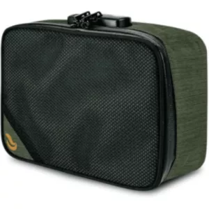 small, black and green travel bag with a zippered closure, black handle, and green logo on the front. It's made of woven fabric and is ideal for travel.