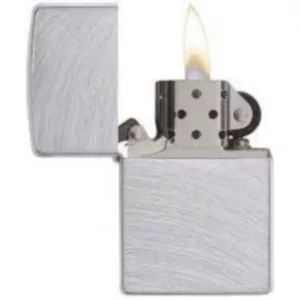 Chrome Arch Zippo lighter with black plastic insert, hinge, and clip. Matte silver body with rectangular shape and rounded corners. Chrome finish.