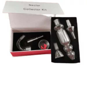 High-quality silver metal nectar collector kit with clear glass top and 14mm joint, labeled 'Nectar Collector Kit'.
