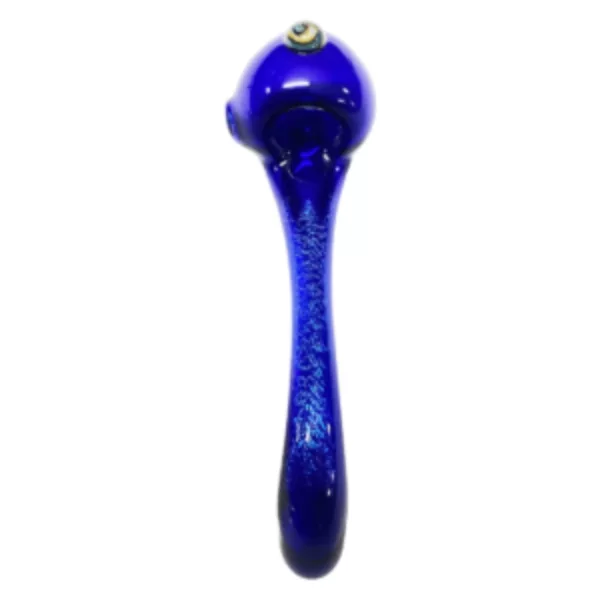 Handcrafted glass pipe with clear dichroic glass tip and blue dichroic glass body, featuring a pointed tip and small bubbles along the sides.