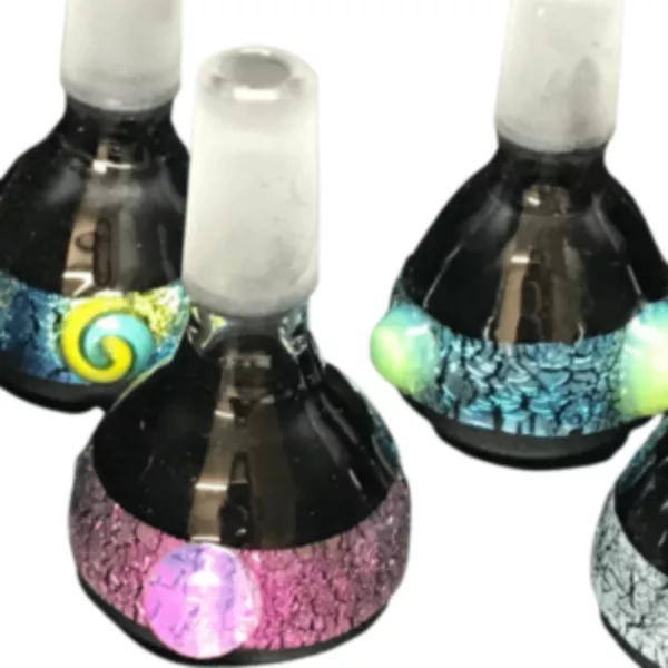 Handcrafted glass pipes with black bases and colorful dichroic designs. Perfect for smoking enthusiasts.