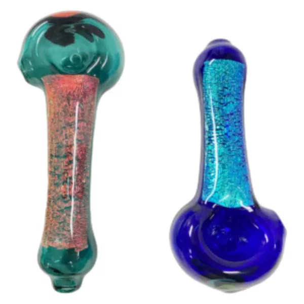 Handcrafted, dichroic glass spoon pipe with seashell design and clear cylinder for smoking.