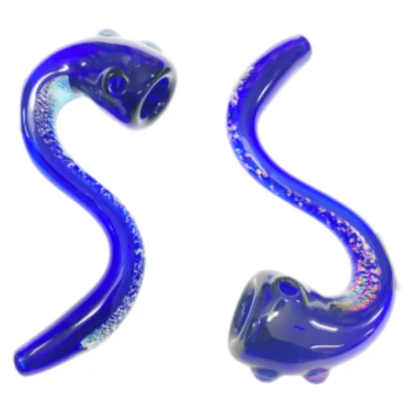 A clear, blue spiral glass tube with a smooth surface and small opening, known as LAB RAT - Big Sherlock Dichroic, available on a smoking company website.