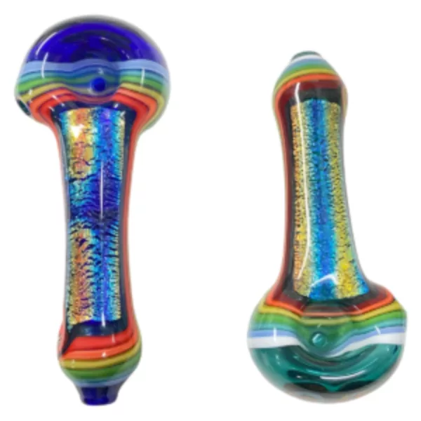Rainbow Dichroic Spoon smoking pipe with a colorful, iridescent design on a clear glass surface.