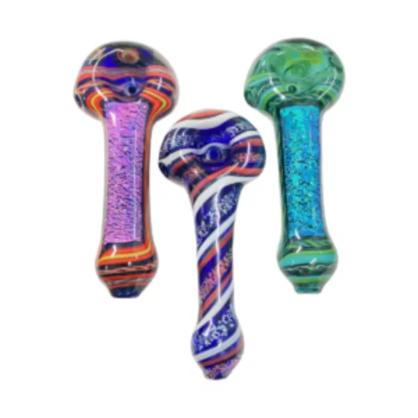 Colorful, swirled glass smoking implements in red, blue, green, and purple. Arranged in a row, each with a unique shape and design.