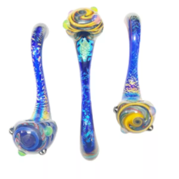 Three glass pipes with vibrant, colorful designs featuring flowers and stars. High-quality image showcases smooth glass surfaces.