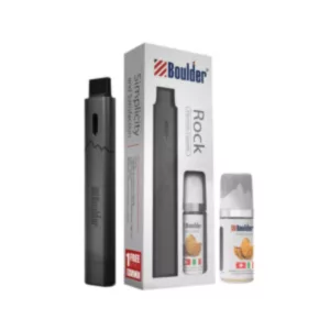 Sleek and modern vape pen with black body and clear cylinder. Comes in a clear plastic case with black and white label featuring company name and logo.