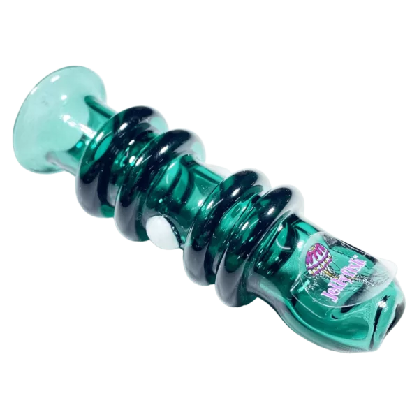 A green jellyfish-shaped glass pipe with a transparent mouthpiece and purple dot, featuring a blue and purple striped base.