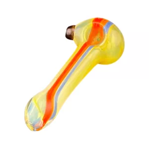 A colorful glass pipe with a yellow, blue, and red striped design, featuring a small hole at the end and sitting on a white background.