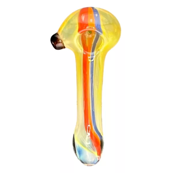 Handcrafted fumed glass pipe with a vibrant Rasta-inspired design, featuring a colorful stripe and small mouthpiece.