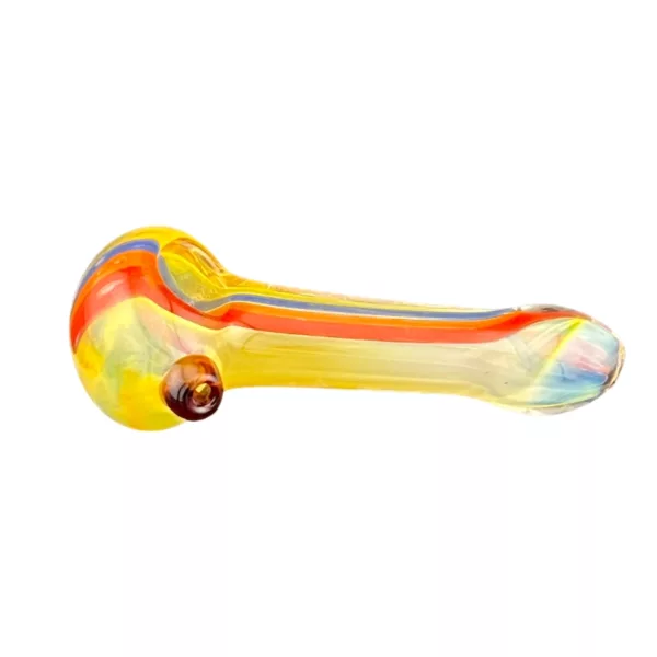 A colorful, visually appealing glass pipe with a unique swirling design. Perfect for smoking enthusiasts looking for a one-of-a-kind piece. #RastaArtLine #FumedGlassPipe