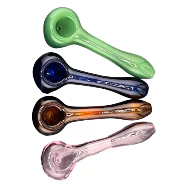 Glass spoon with blue handle, yellow-green middle, and red tip. Smooth surface. BVAXS42.
