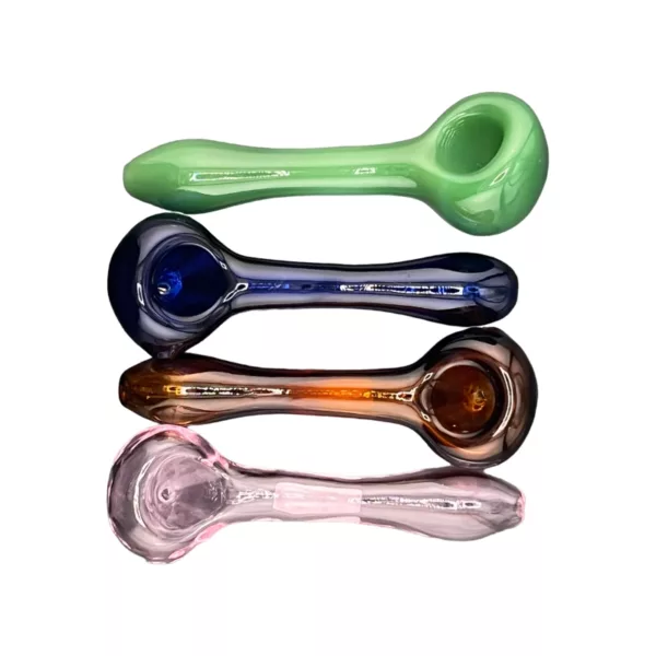 Five unique, curved glass spoons in blue, green, purple, red, and yellow, varying in size (3-7 inches).