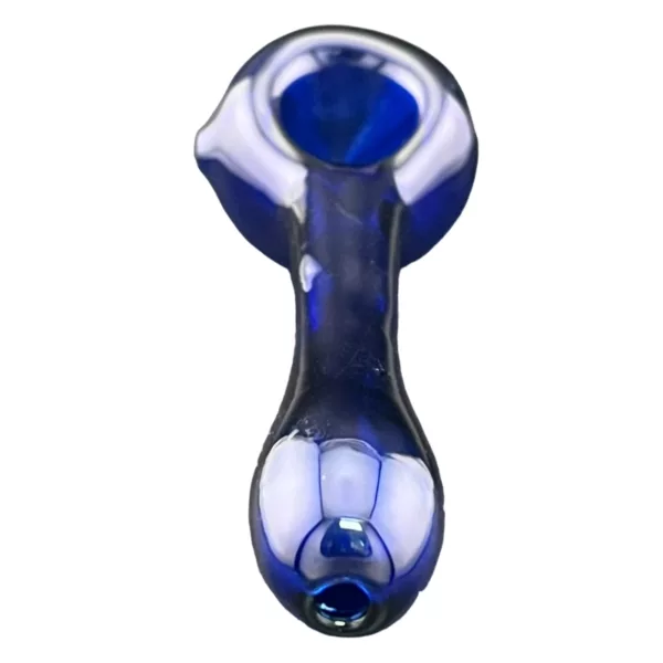 Blue and white striped glass smoking spoon with smooth, rounded handle. Clear glass design.