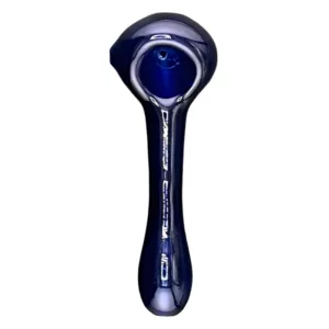 The image shows a blue glass pipe with a long, curved shape and small, round base. It has a smooth surface and a small mouthpiece. It is sitting on a white background.