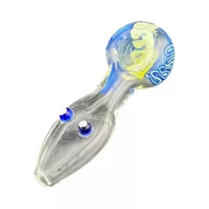 Dragon head-shaped glass pipe with blue and yellow design, made of clear glass.