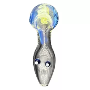 Blue and white swirls in transparent bowl, small mouthpiece and flared base. Clear stem with small knob.