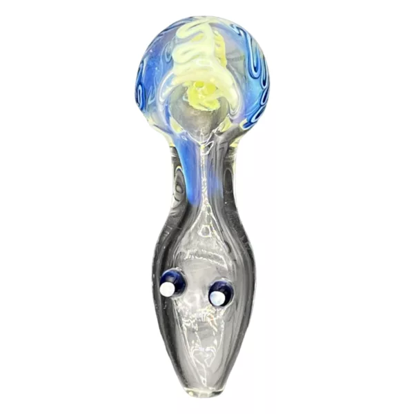 Blue and white swirls in transparent bowl, small mouthpiece and flared base. Clear stem with small knob.