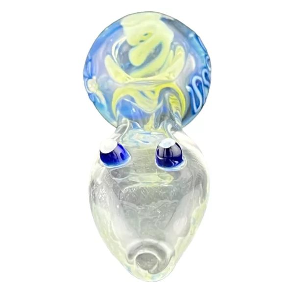 Blue and yellow swirl glass pipe with flat base, small hole, flared mouthpiece, and side handle. Clear and smooth surface. Made of glass.