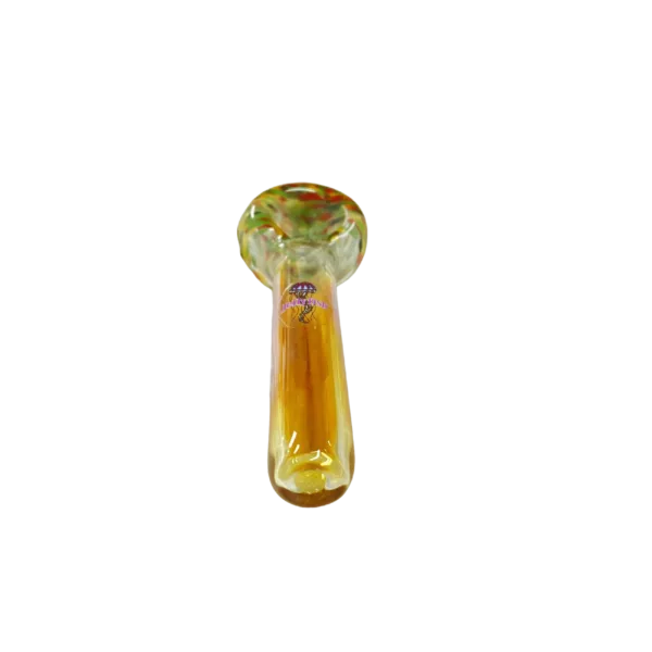Clear glass tube with orange and yellow stripes, held by plastic handle for smoking.