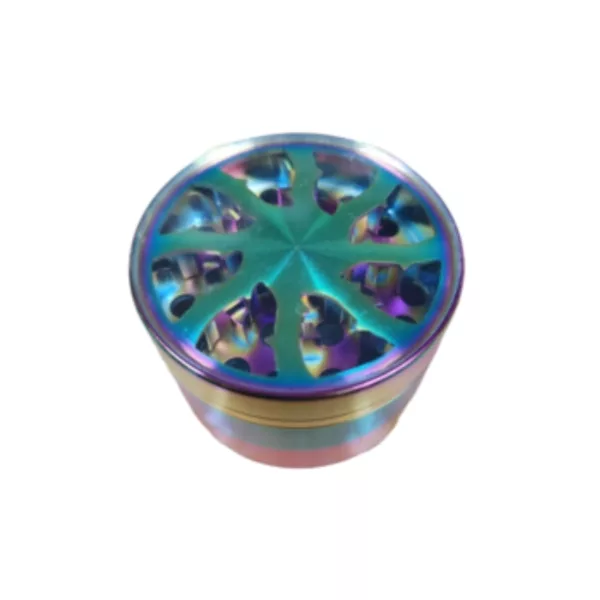 Stylish, large rainbow grinder with transparent top and silver accents. Unique design and eye-catching colors.